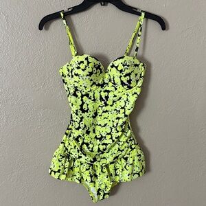 Rare Joe Boxer One Piece Swimsuit Neon Yellow Black Women’s Small